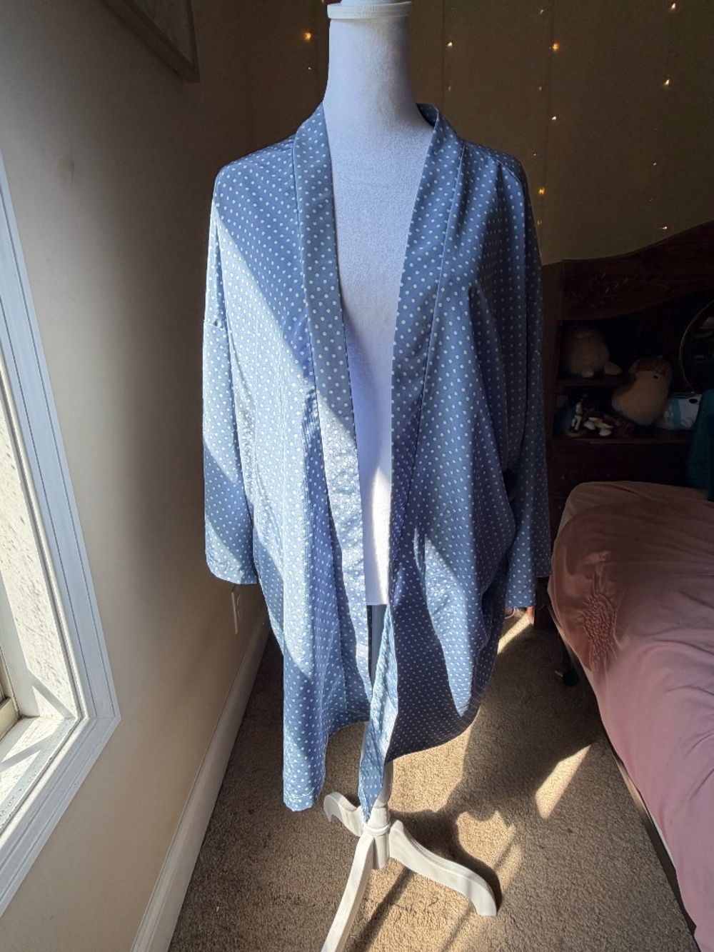 Vintage dusty blue and white polka dot robe/loungewear jacket by Victoire Delage